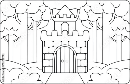 Majestic fairy tale castle surrounded by tall trees and bushes perfect for kids coloring