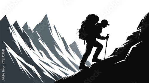 Inspiring silhouette of a determined hiker conquering a challenging mountain peak with trekking poles and backpack, adventure and perseverance