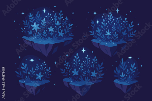 Floating enchanted plants and stars on abstract rocky platforms against a dark background