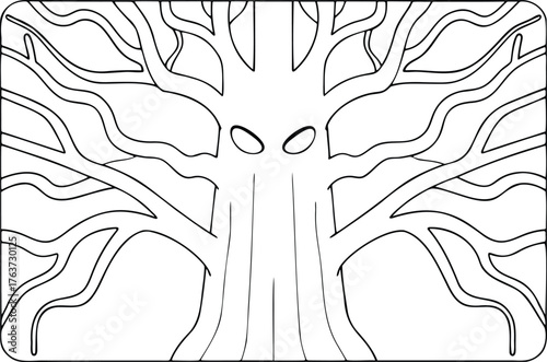 Mysterious old tree with glowing eyes and winding branches in a dark forest