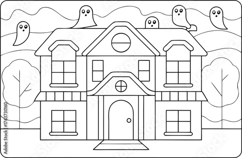 Spooky haunted house with friendly ghosts floating around during Halloween season