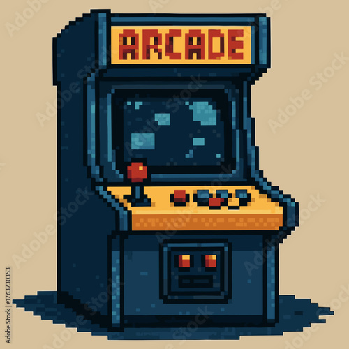 Retro pixel art arcade machine with vibrant colors and joystick controls
