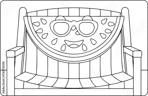 Playful summer coloring page featuring a cool watermelon slice character relaxing on a comfortable beach chair