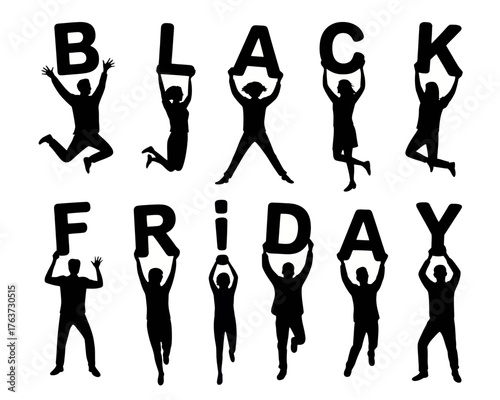 Silhouetted people holding up letters spelling out black friday in celebration and promotion sale event