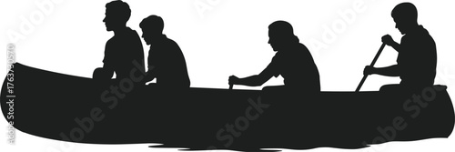 Silhouette of four people paddling canoe, outdoor teamwork scene, black vector illustration for sport, adventure, travel, and recreational activity design
