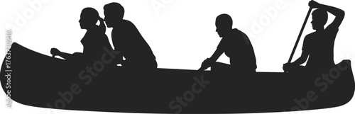 Silhouette of four people paddling canoe, teamwork and coordination, black vector illustration for outdoor adventure, sport, travel, and recreation design