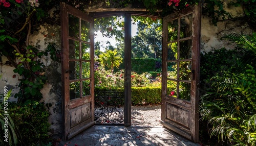 Open doors to a lush garden