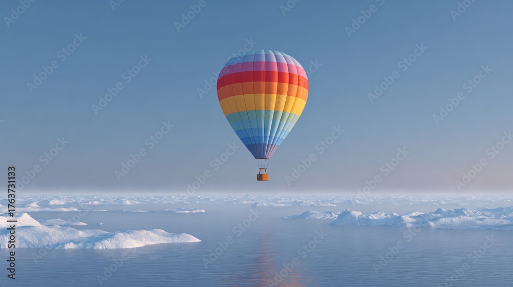 Fototapeta premium Hot air balloon adventure over frozen landscape icy sea aerial view tranquil environment nature exploration