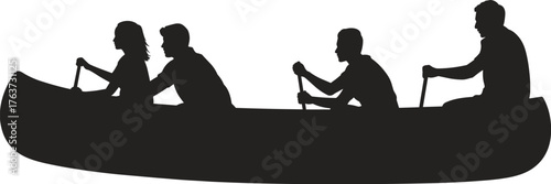 Silhouette of four people paddling canoe, teamwork in motion, black vector illustration for outdoor adventure, sport, and recreational activity design
