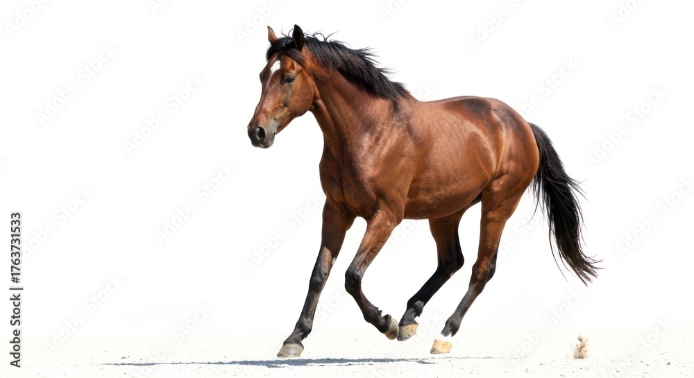 Obraz premium Bay horse running freely across a bright, white expanse