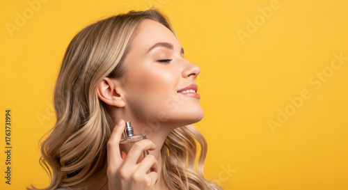 Woman enjoying fragrance, spraying perfume, beauty, lifestyle, luxury, fresh scent, elegance
