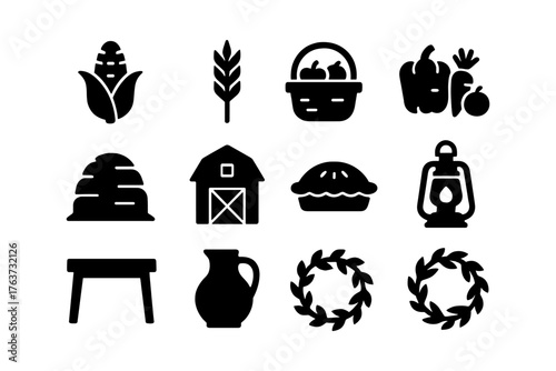 Rustic farm icons set: harvest, crops, and vintage symbols in black silhouette