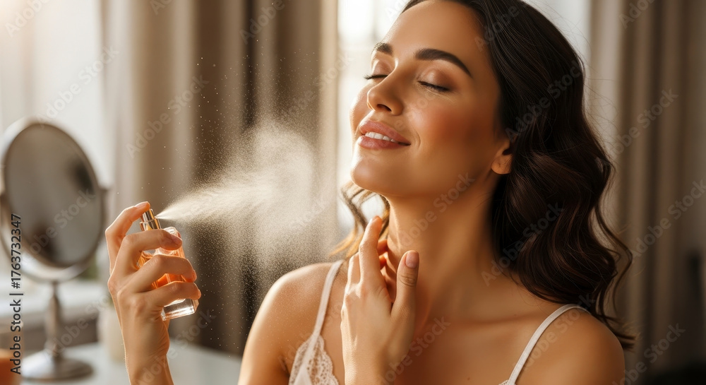 Obraz premium Elegant woman enjoying perfume fragrance spray, feeling refreshed and confident in the morning