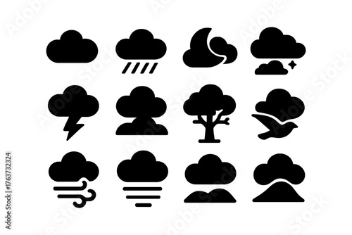 Weather icons set: minimalistic silhouette symbols for forecast and climate representation