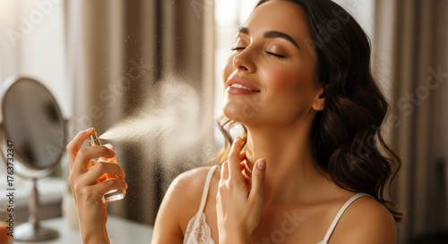 Elegant woman enjoying perfume fragrance spray, feeling refreshed and confident in the morning
