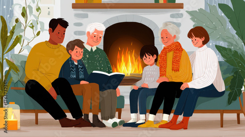 Family gathered around fireplace, enjoying cozy reading session together, creating warm memories during holiday season