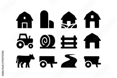 Silhouette icons of farm life with barns, tractors, and animals