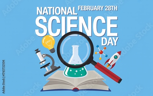 Celebrating national science day february 28th with a magnifying glass over scientific discoveries and instruments