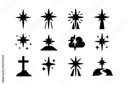 Collection of star and cross icons in bold black silhouette style