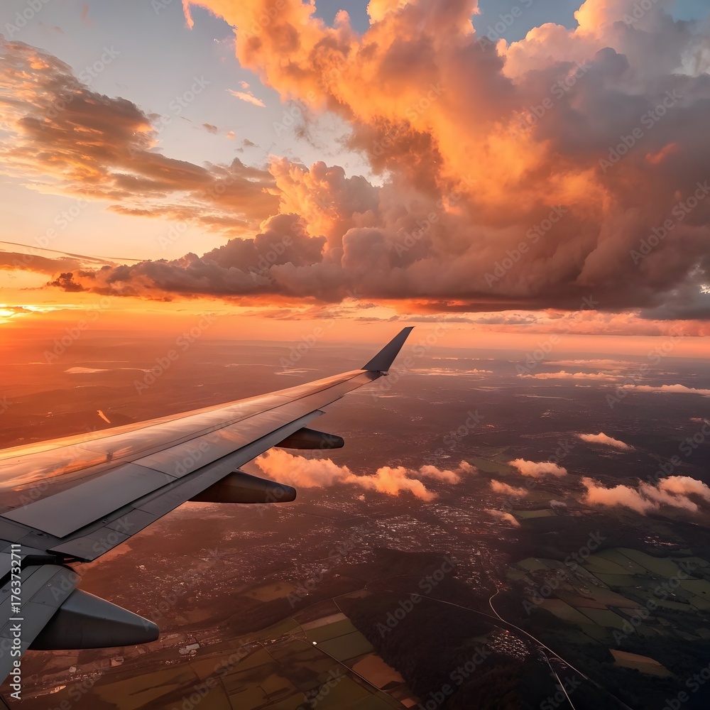 Naklejka premium Winged View: Golden Sunset Flight Over the Earth Landscape from Airplane Window for Vacation Travel and Scenic Journeys