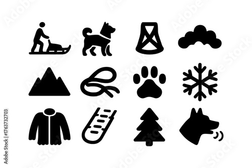 Winter dog sledding icons: adventure, nature, and gear essentials