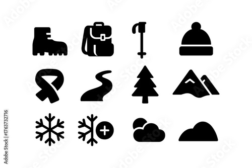 Silhouette winter hiking icons set: boots, backpack, snowflakes, mountains, trees, trail, hat