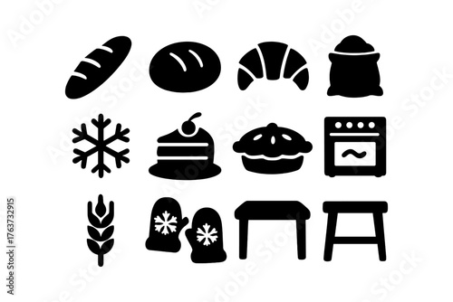 Bakery and kitchen icons in silhouette style featuring bread, pastry, and oven