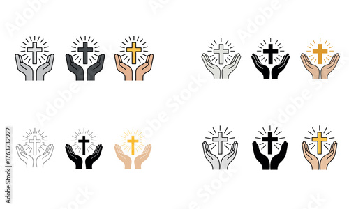 Hands holding shining cross icons representing faith hope and spirituality
