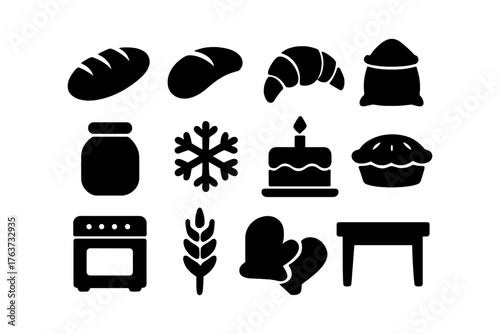 Silhouette icons of bakery goods and kitchen items for culinary themes