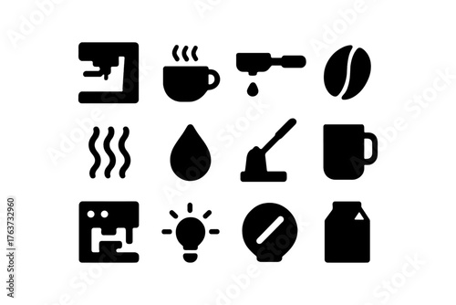 Minimalist coffee icons set featuring espresso machine and brew elements