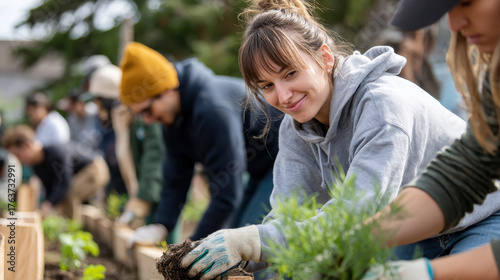 Young adults working together outdoors, planting in community garden, showcasing teamwork and environmental care