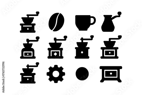 Silhouette icons of coffee grinders and accessories