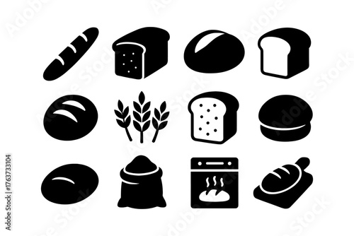 Silhouette bread icons set featuring wheat and baked goods