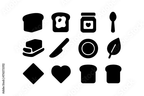 Minimalist breakfast icons set: bread, jam, utensils, and more in black silhouette style
