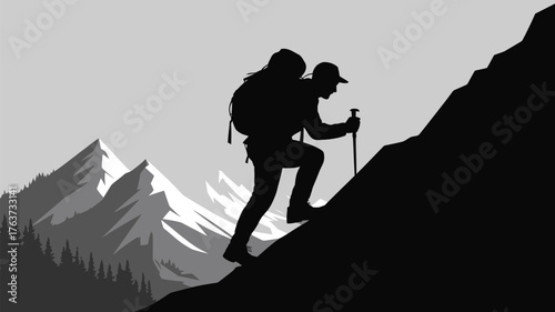 Brave hiker conquering steep mountain peak with trekking poles in stunning silhouette landscape, freedom and adventure concept, perfect for travel blogs