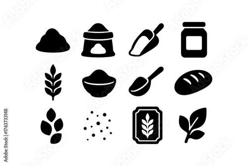 Minimalist silhouette icons of flour bags, grains, and baking tools