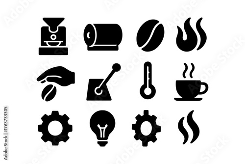 Coffee icons set: silhouette symbols for brewing, roasting, and grinding