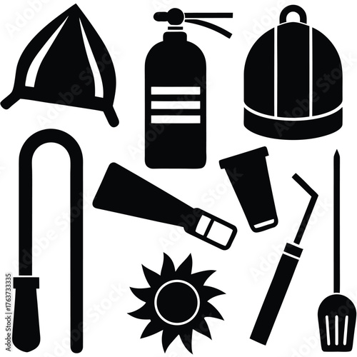 Diverse workplace and safety equipment symbols in bold black illustration
