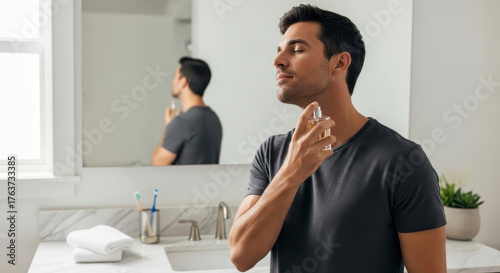 Handsome man applying cologne in modern bathroom, feeling confident and refreshed before the day