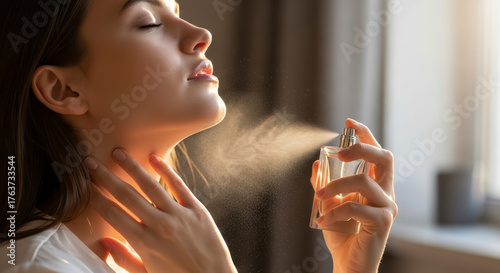 Woman applying perfume, enjoying fragrance with closed eyes, feeling fresh and elegant