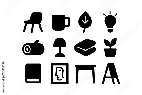 Simple black icons of furniture and household items for modern design