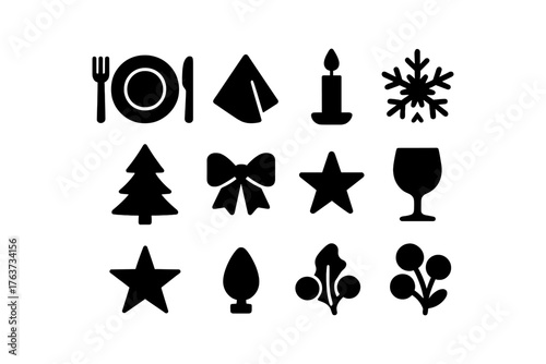 Holiday dinner icons set featuring christmas symbols and tableware in silhouette style