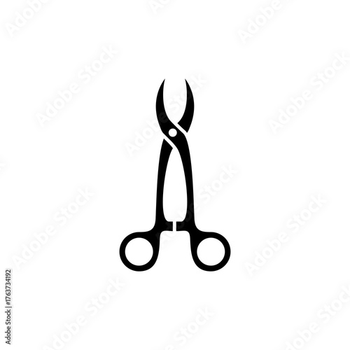 Black silhouette of surgical forceps, a medical tool with curved jaws and scissor-like handles, on a white background.