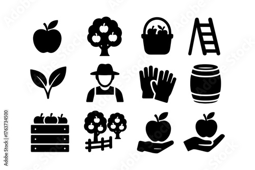Apple harvest icons set: farmer, tools, and nature elements in silhouette style