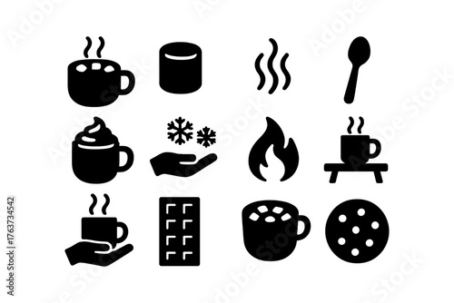 Cozy winter drink icons set with coffee and hot chocolate elements in silhouette style
