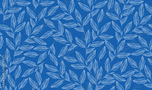 Simple botanical outline leaf minimalist blue background design, hand drawn line art vector wallpaper, repeat seamless pattern