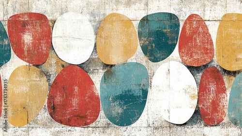 Abstract Mid-Century Modern Art: Textured Oval Shapes on Weathered Surface