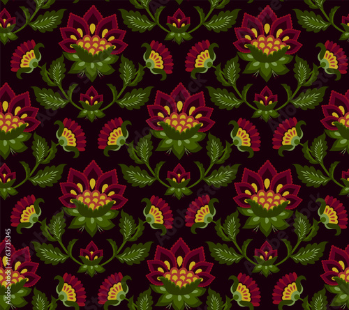 Bold dark floral pattern, rich Renaissance colors red green gold, seamless vector pattern with flowers leaves on deep maroon background. Perfect as fabric or wallpaper
