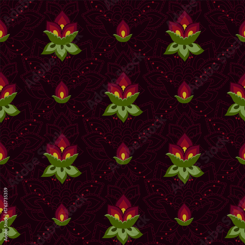 Bold dark floral pattern, rich Renaissance colors red green gold, seamless vector pattern