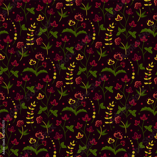 Bold dark floral pattern, rich Renaissance colors red green gold, seamless vector pattern with flowers leaves on deep maroon background. Perfect as fabric or wallpaper
